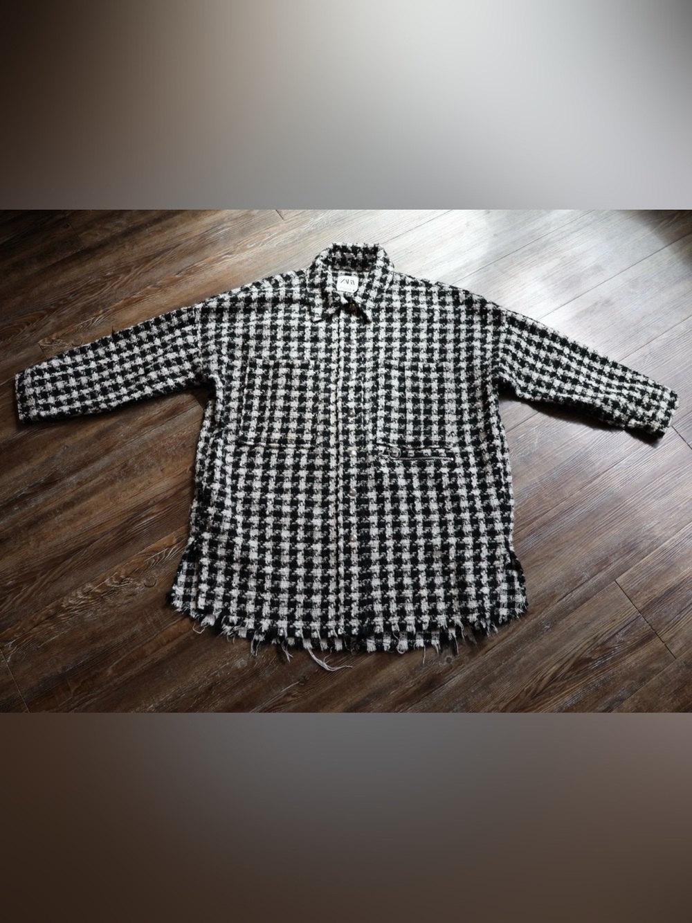 Edgy Goth Houndstooth Shirt Jacket Distressed Fringe Grunge Womens Medium